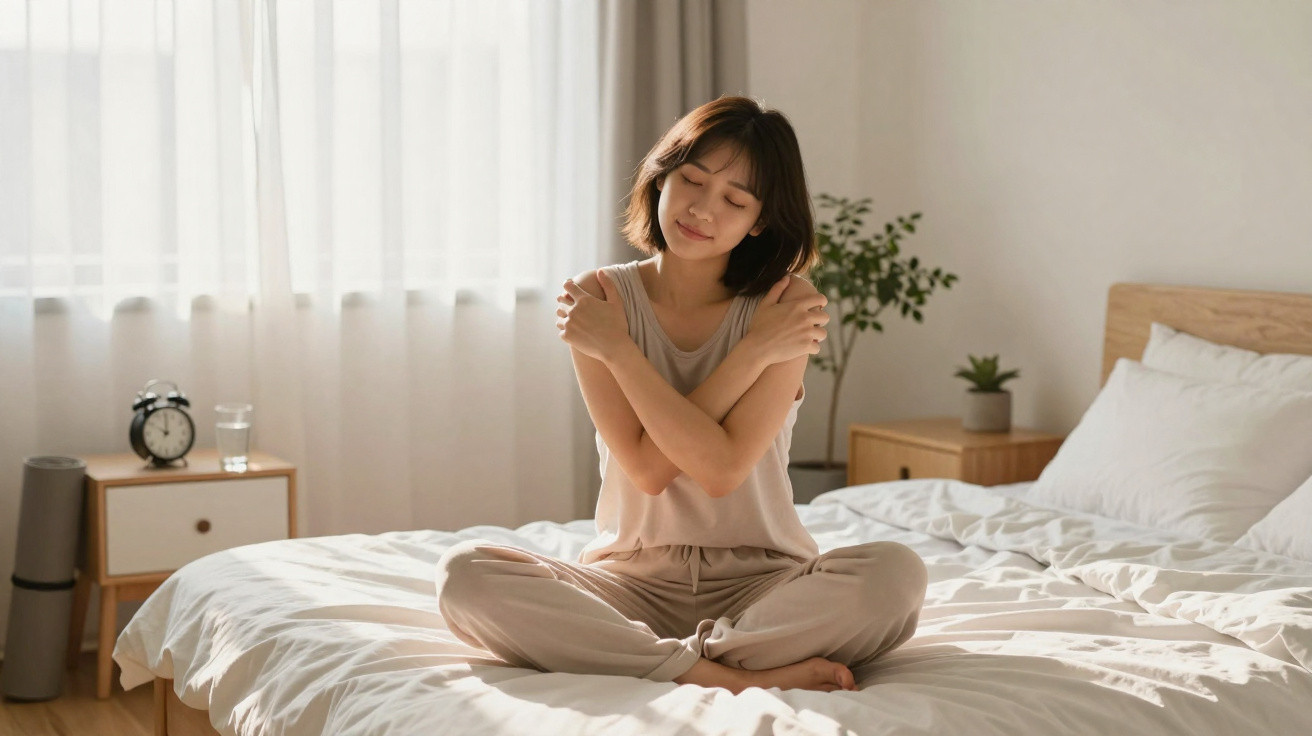Mulher sentada em cama branca, braços cruzados a abraçar-se, luz natural entra pela janela atrás dela.