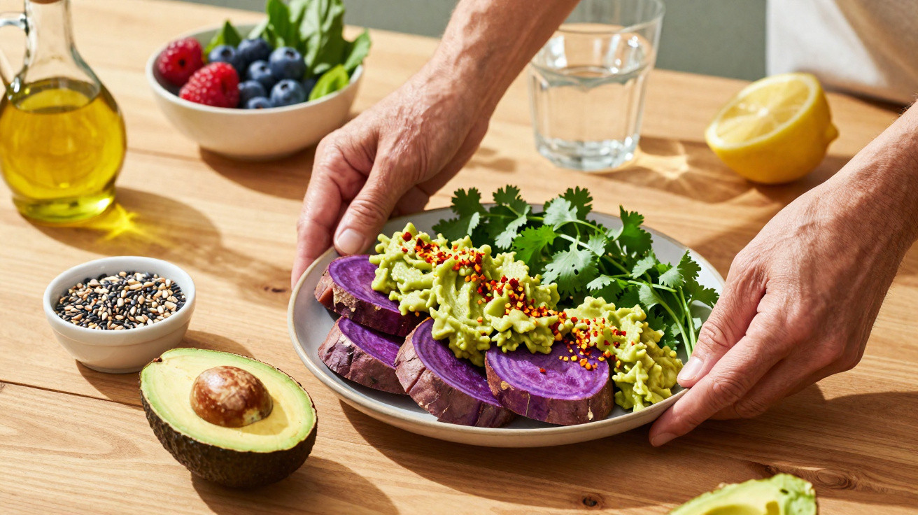 Prato com fatias de batata roxa, guacamole, coentros e sementes, mãos a segurar, frutas e azeite ao lado.