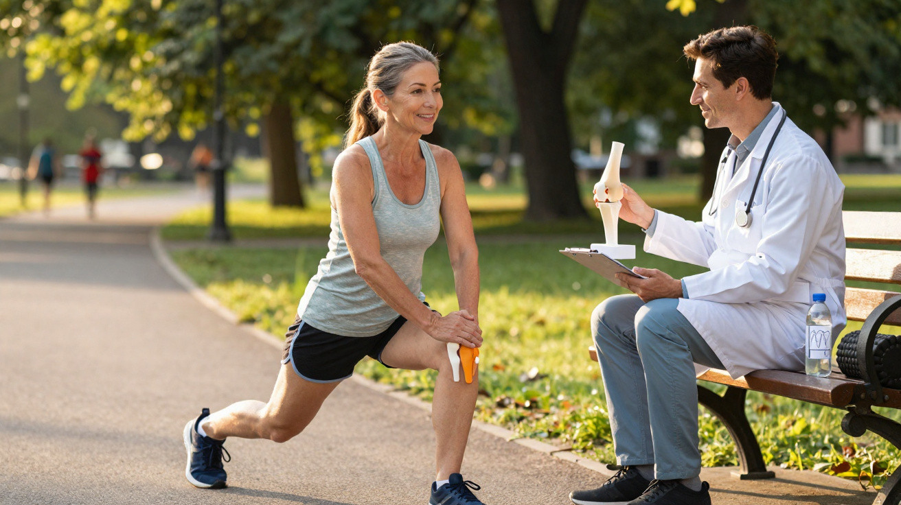 Mulher a fazer alongamentos num parque enquanto conversa com médico sentado num banco.