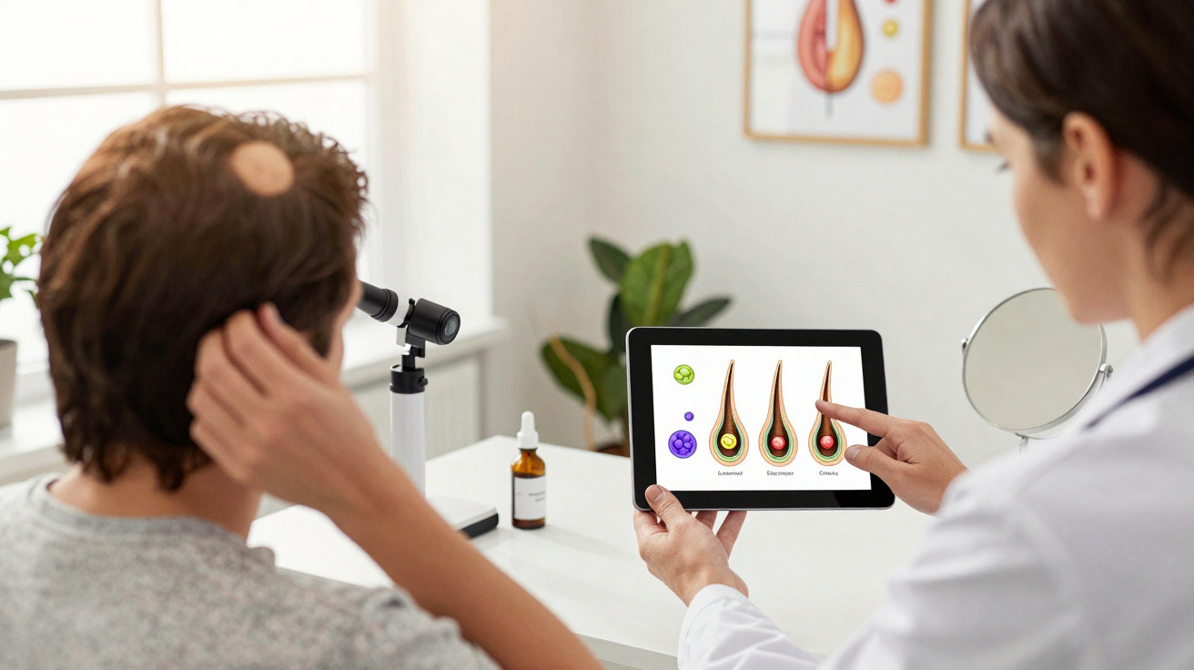Médica a explicar a um paciente etapas da queda de cabelo num consultório médico.