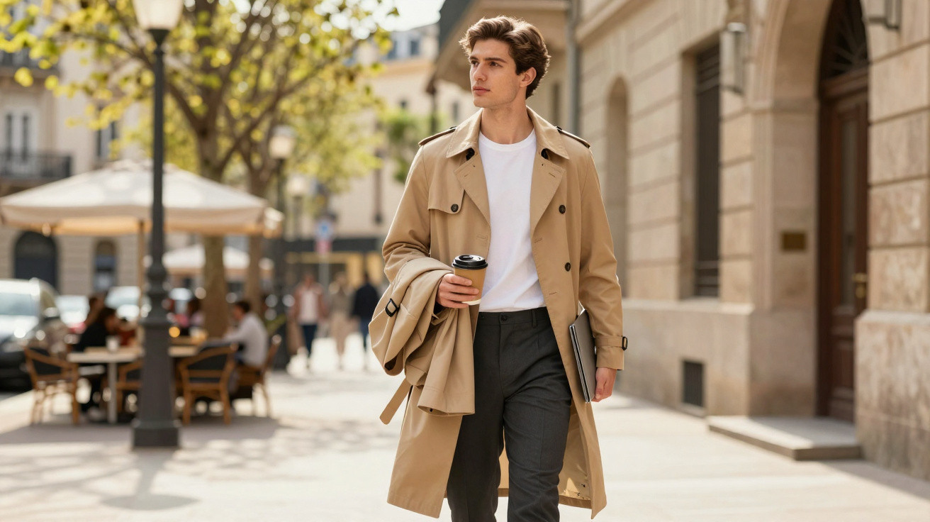Homem elegante com gabardine bege a caminhar pela rua segurando café para viagem e portátil.