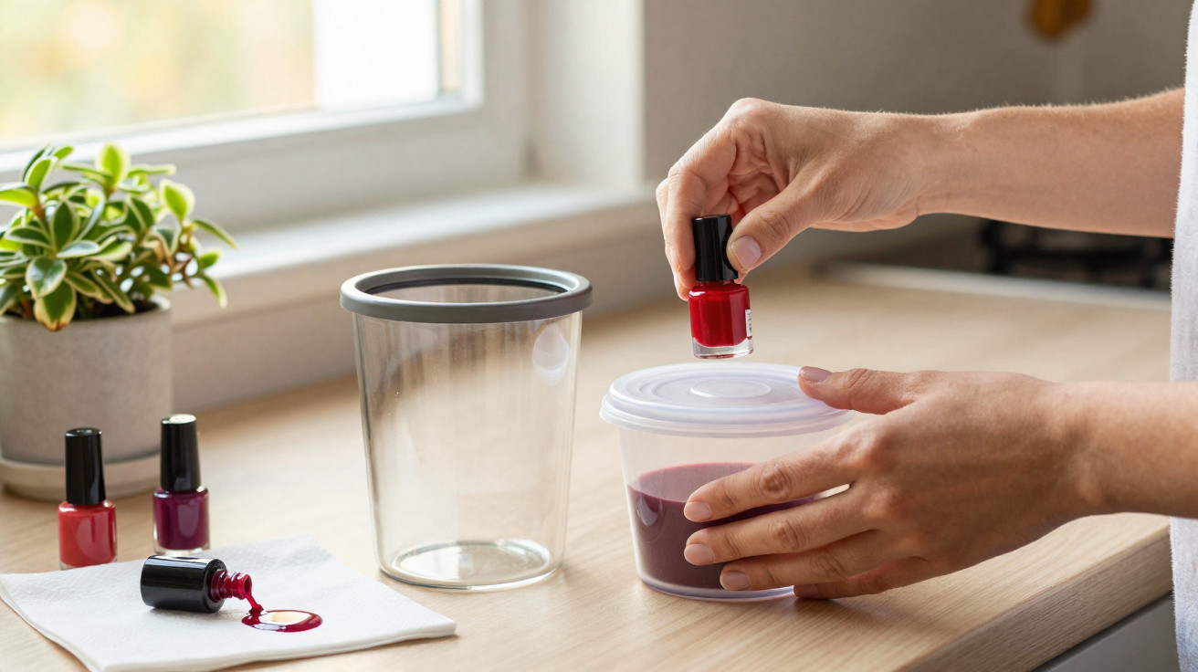 Mãos a mergulhar verniz vermelho numa solução para remover esmalte junto a vidros e plantas na cozinha.