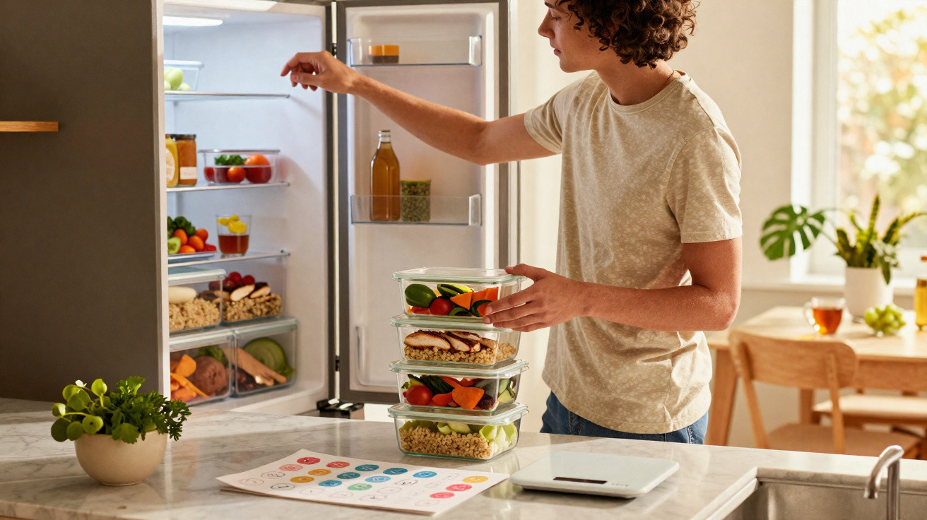 Pessoa a guardar refeições saudáveis em recipientes transparentes na cozinha, junto a frigorífico aberto.