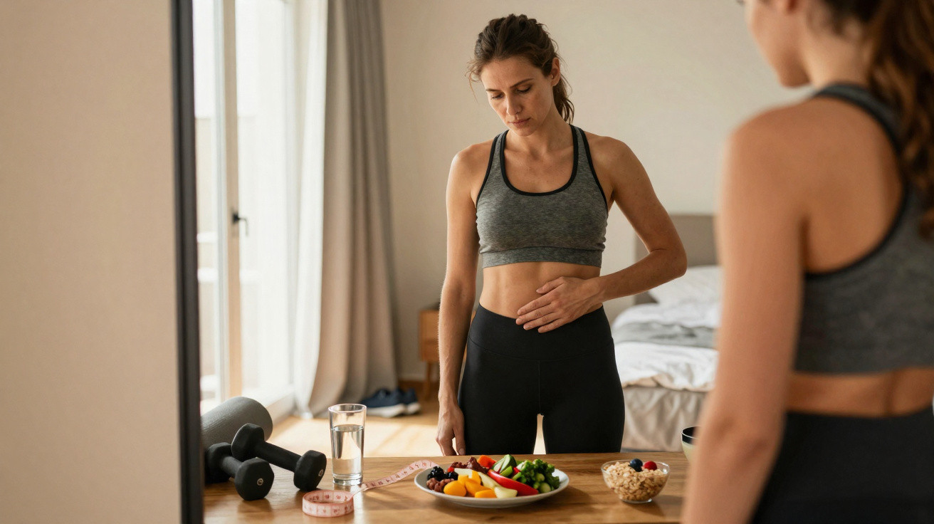 Mulher em roupa desportiva olha para a barriga enquanto se vê ao espelho, com mesa de comida saudável à frente.
