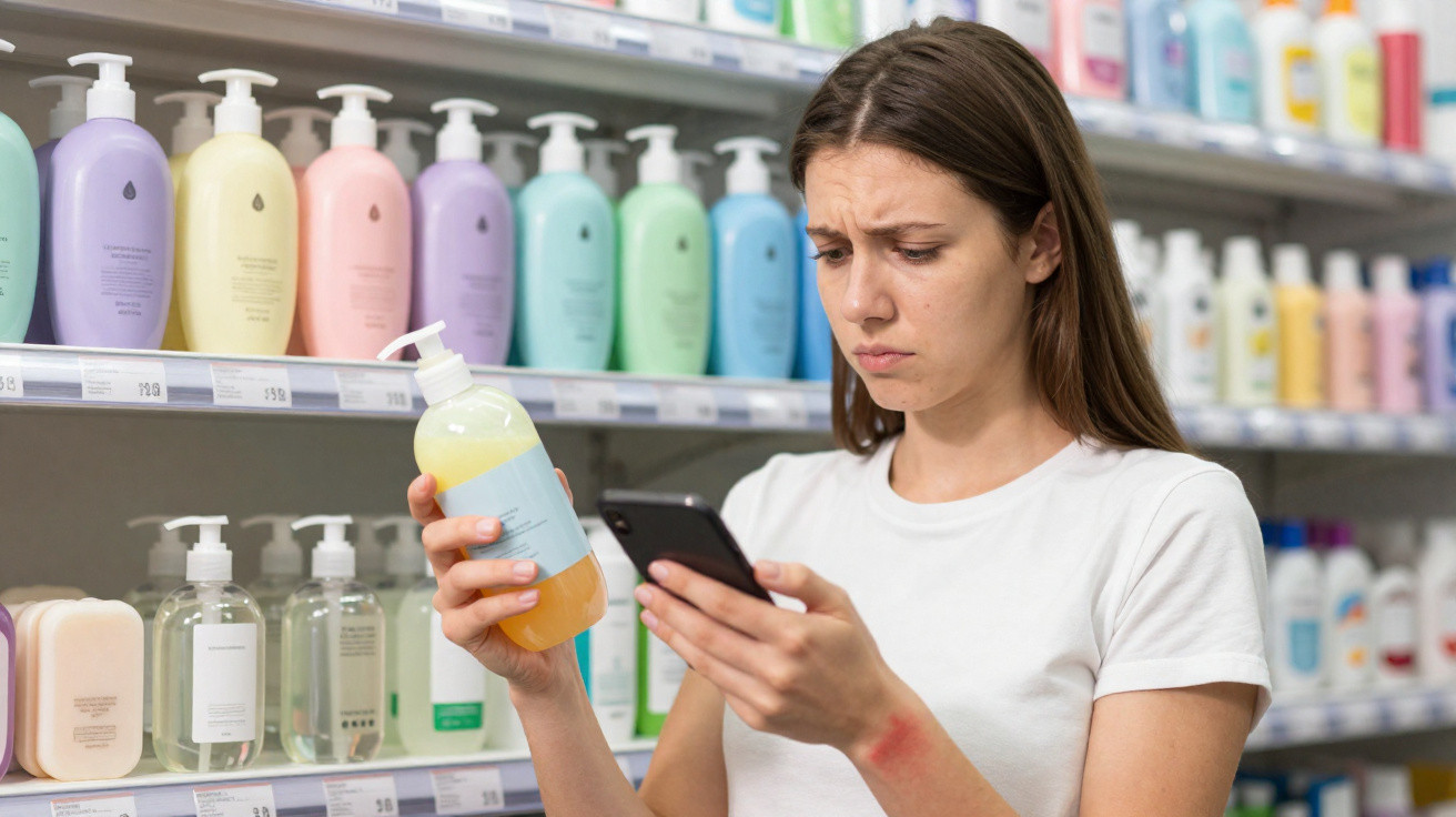 Mulher com expressão preocupada consulta telemóvel enquanto segura frasco de produto numa prateleira.
