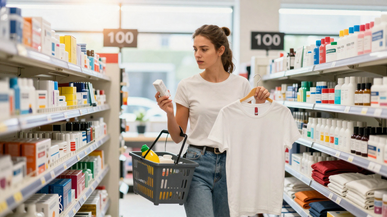 Mulher num supermercado a segurar uma t-shirt branca e a ler a embalagem de um produto na prateleira.