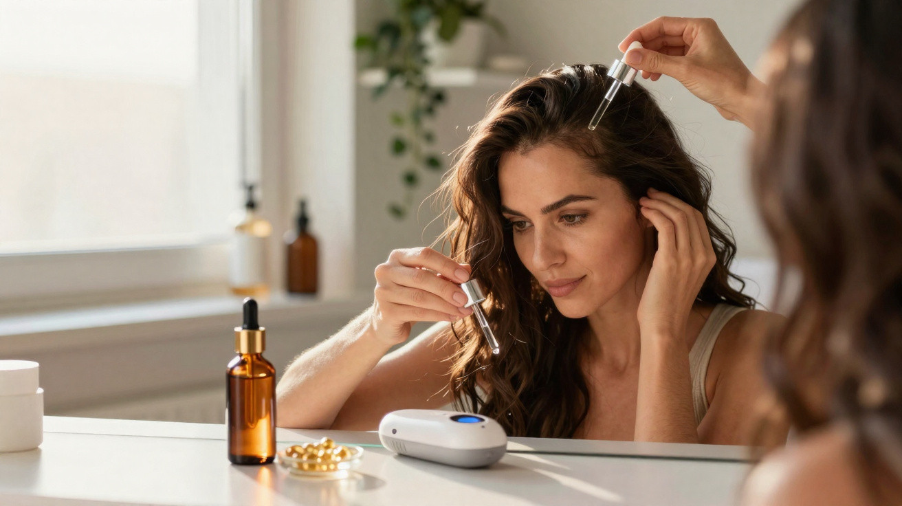 Mulher a aplicar sérum capilar com conta-gotas no cabelo, sentada junto a uma janela iluminada.