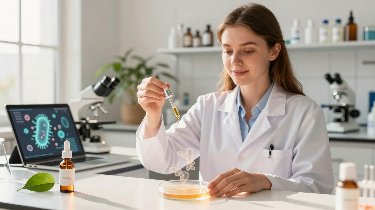 Cientista mulher em laboratório a usar pipeta para adicionar líquido numa placa de Petri com microscópio e computador.