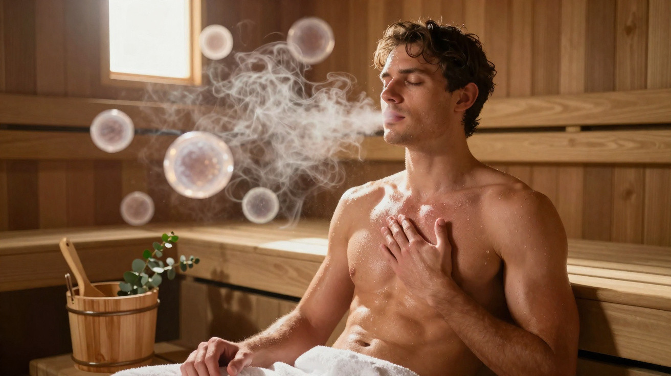 Homem relaxa com os olhos fechados numa sauna, rodeado por vapor e bolhas no ar.