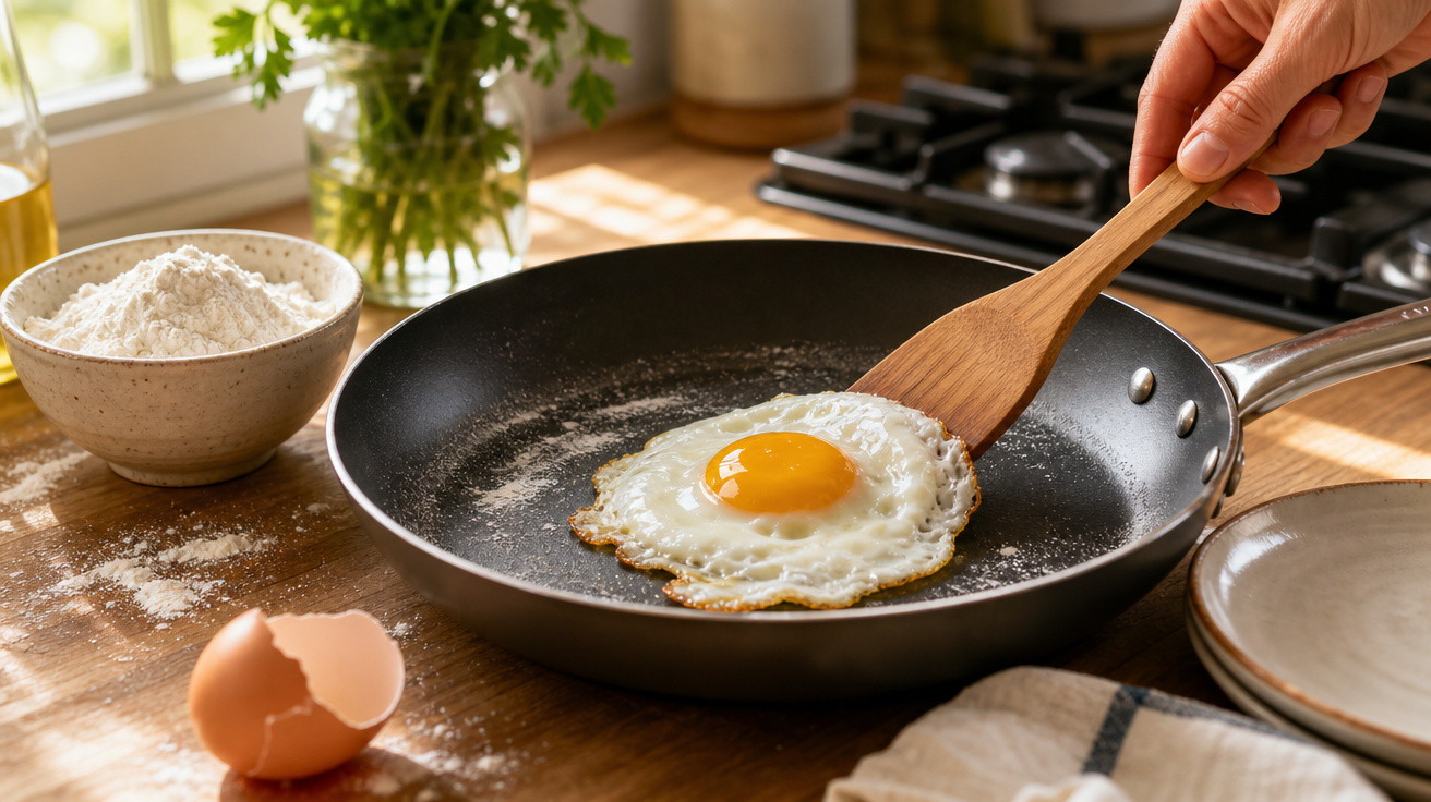 Ovo estrelado a ser virado numa frigideira com espátula de madeira numa cozinha iluminada.