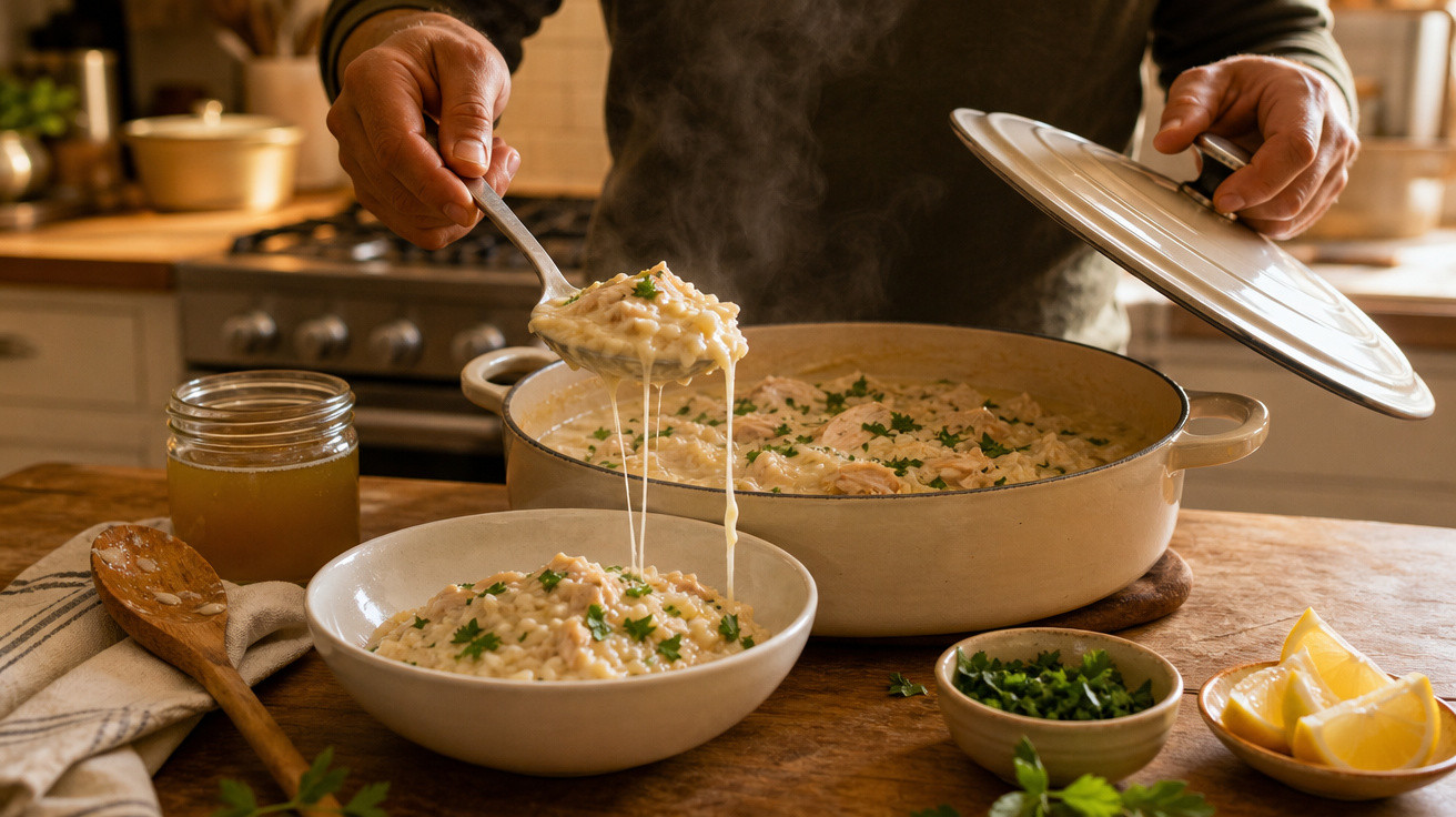 Pessoa a servir risoto cremoso com salsa num prato numa cozinha acolhedora e iluminada.