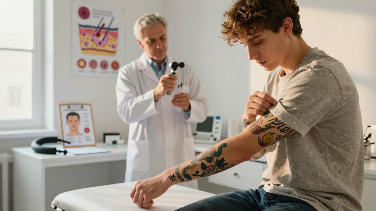 Jovem com tatuagens na consulta médica enquanto dermatologista prepara exame na clínica.