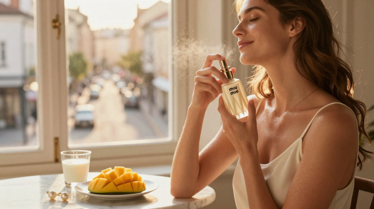 Mulher perfumando-se com fragrância Miu Miu junto a mesa com manga, copo de leite e brincos, junto à janela.