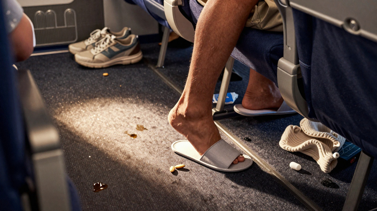 Pés descalços numa sandália dentro de um avião, no chão com manchas e lixo espalhado.