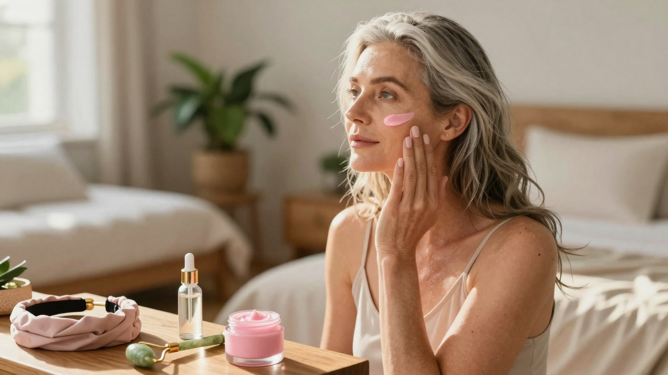 Mulher com cabelo grisalho aplica creme rosa no rosto num quarto iluminado e decorado com plantas.