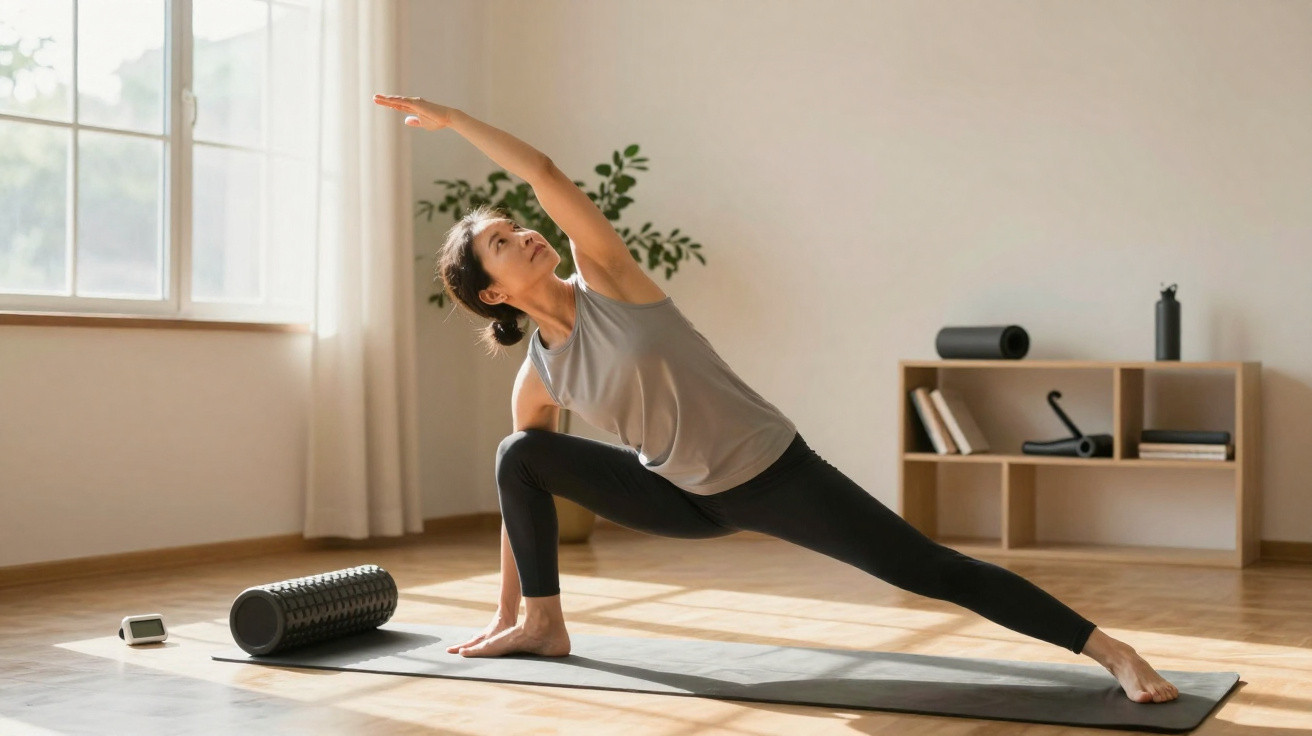 Mulher a praticar yoga numa sala iluminada, numa postura de alongamento lateral sobre tapete.
