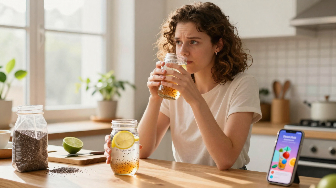 Mulher sentada na cozinha a beber água de limão e sementes de chia com expressão pensativa.