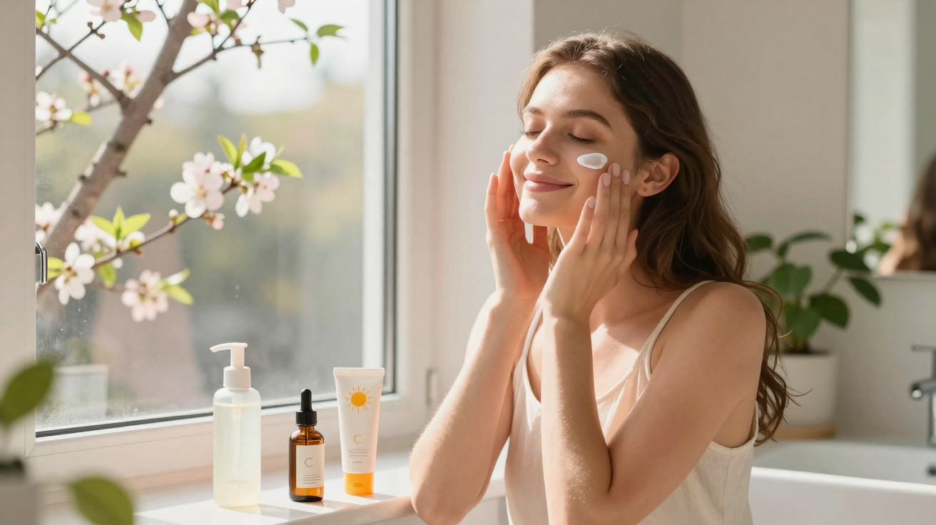Mulher aplica creme facial junto à janela com produtos de beleza e flores ao fundo, num ambiente luminoso.