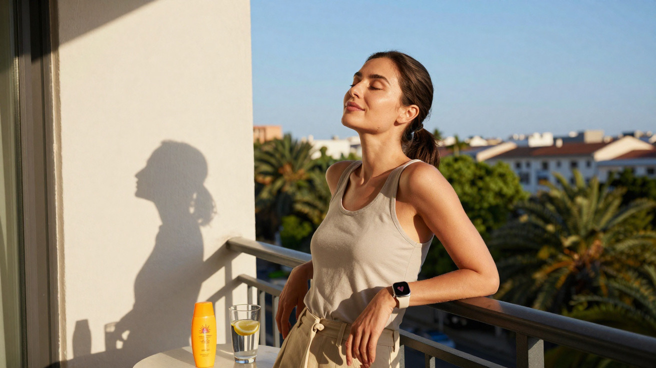 Mulher jovem relaxa ao sol num terraço, com sombra na parede e garrafa de protetor solar e copo de água com limão.