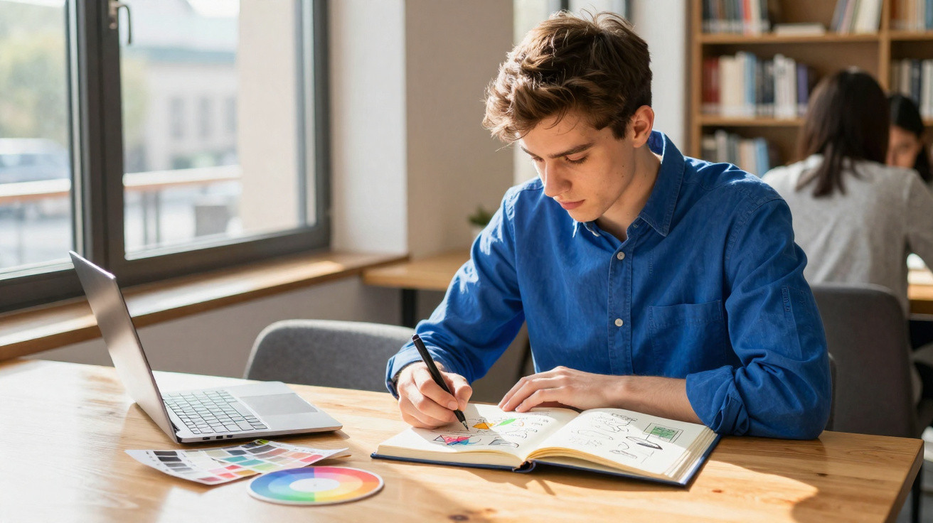 Jovem a desenhar num caderno, sentado numa mesa com computador portátil e amostras de cores.