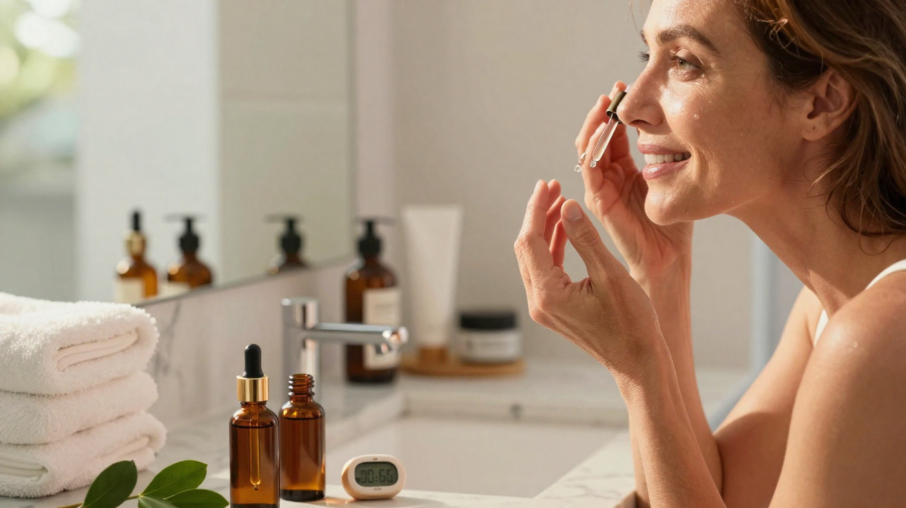 Mulher sorridente aplica sérum facial com conta-gotas ao lado de toalhas e produtos de skincare no lavatório.