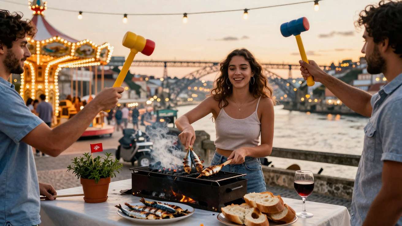 Jovens a grelharem sardinhas num churrasco junto ao rio com luzes e carrossel ao fundo ao pôr do sol.