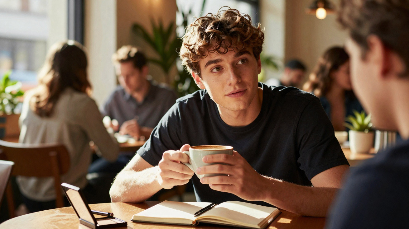 Jovem a beber café e a conversar numa esplanada, com caderno aberto e caneta sobre a mesa.