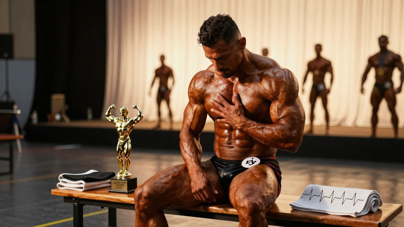 Fisiculturista muscular sentado num banco com troféu e toalha, em competição com outros atletas ao fundo.