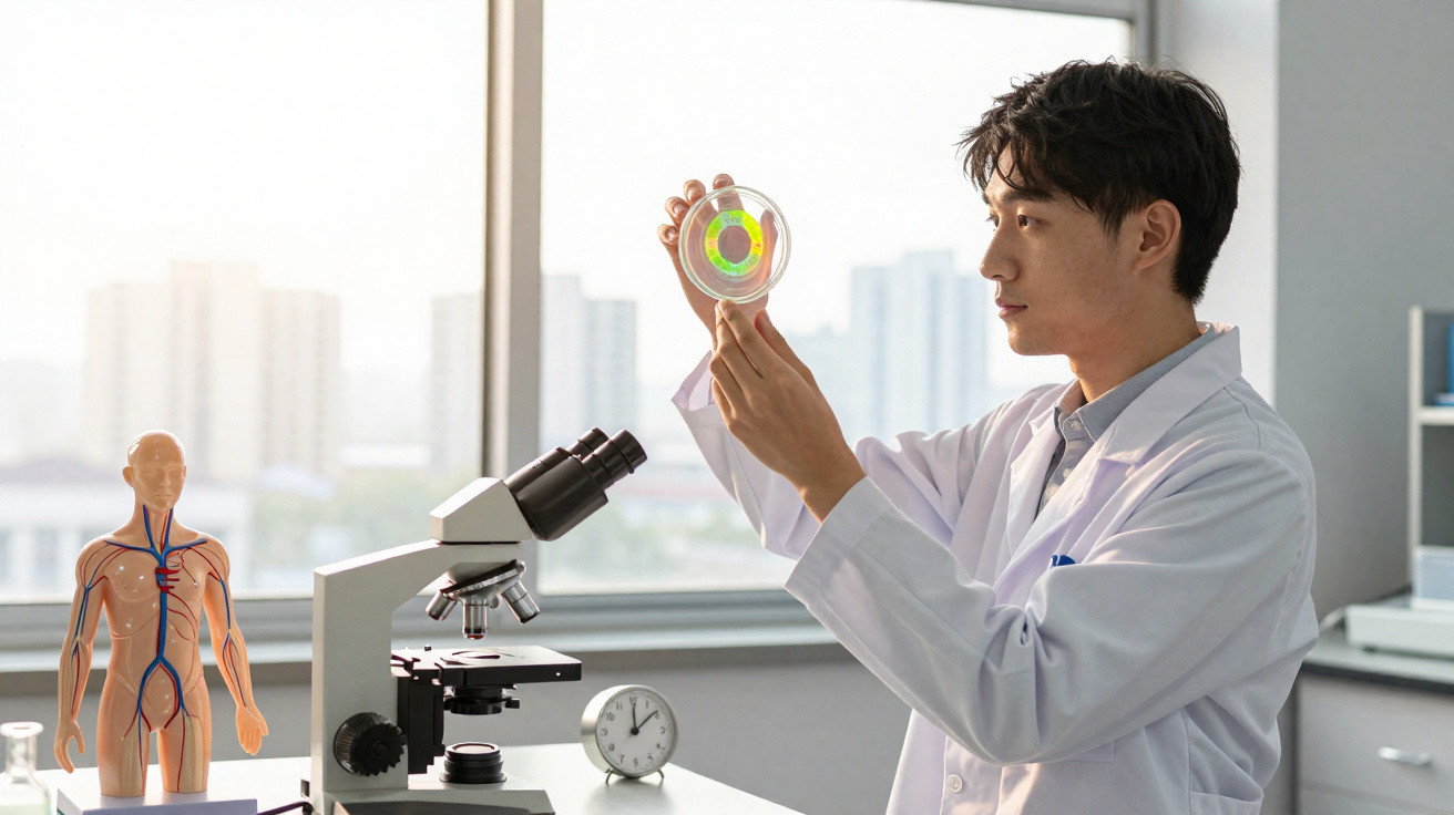 Cientista com bata branca examina placa de Petri num laboratório com microscópio e modelo anatómico.