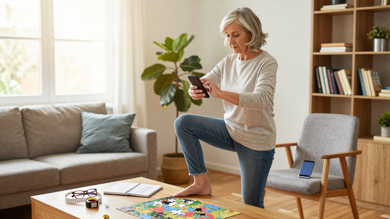 Mulher adulta monta puzzle sobre mesa de sala, usando telemóvel, com sofá e estante ao fundo.