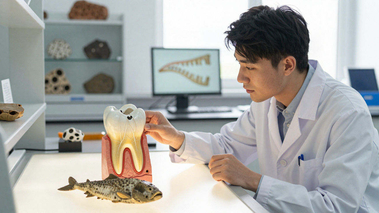 Homem de bata branca analisa modelo ampliado de dente em laboratório com padrão de peixe ao lado.