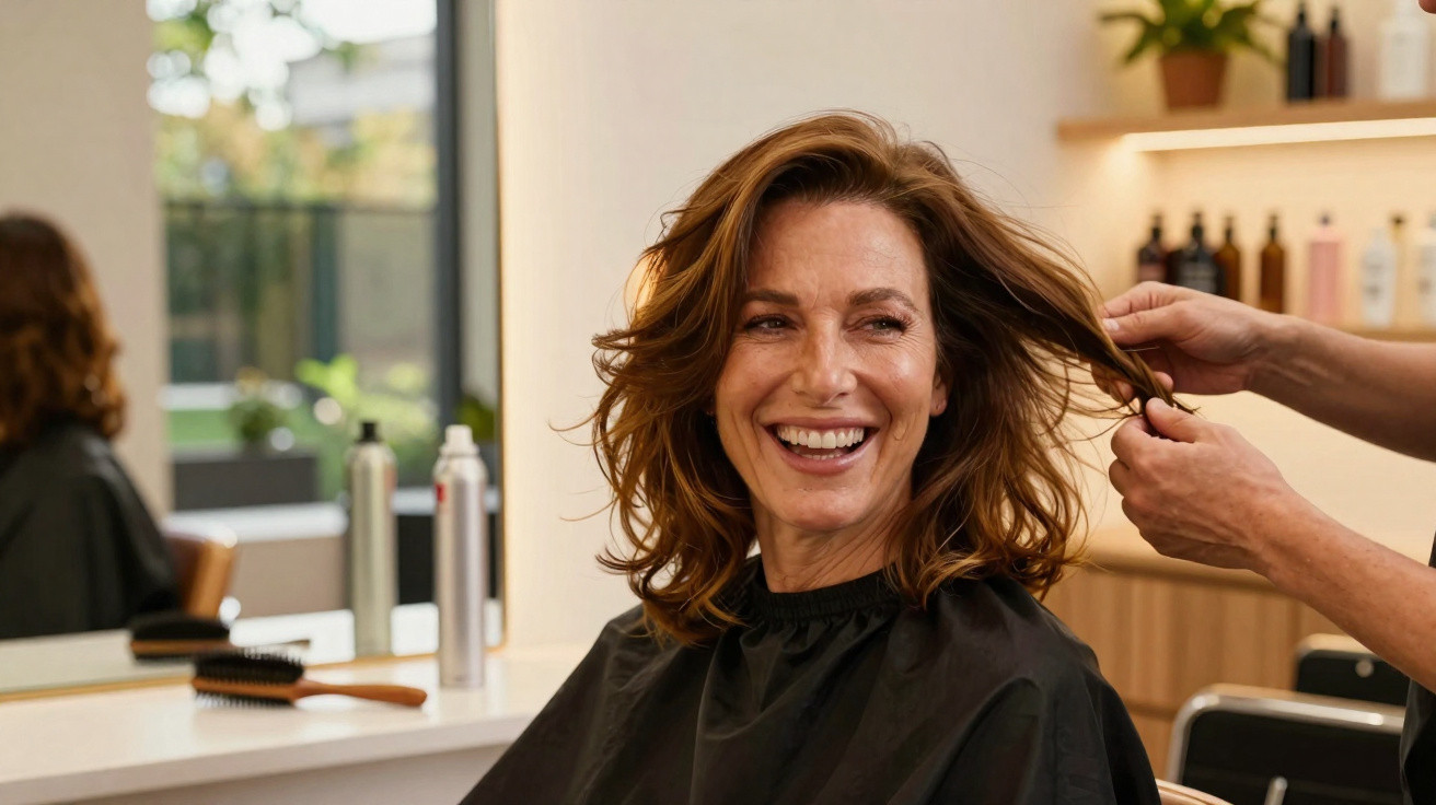 Mulher sorridente a fazer corte de cabelo num salão, com mãos do cabeleireiro a arranjar-lhe o cabelo.