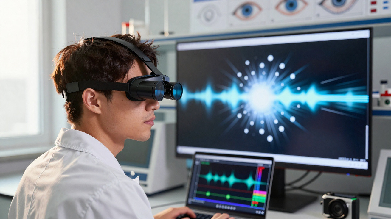 Cientista com óculos de realidade aumentada analisa dados visuais e gráficos em ecrãs no laboratório.