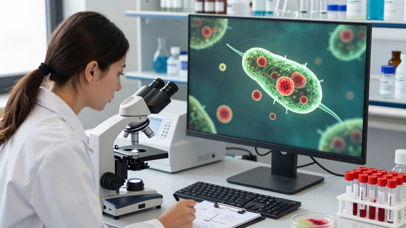Cientista a usar microscópio em laboratório com imagem de microrganismo ampliado num ecrã de computador.