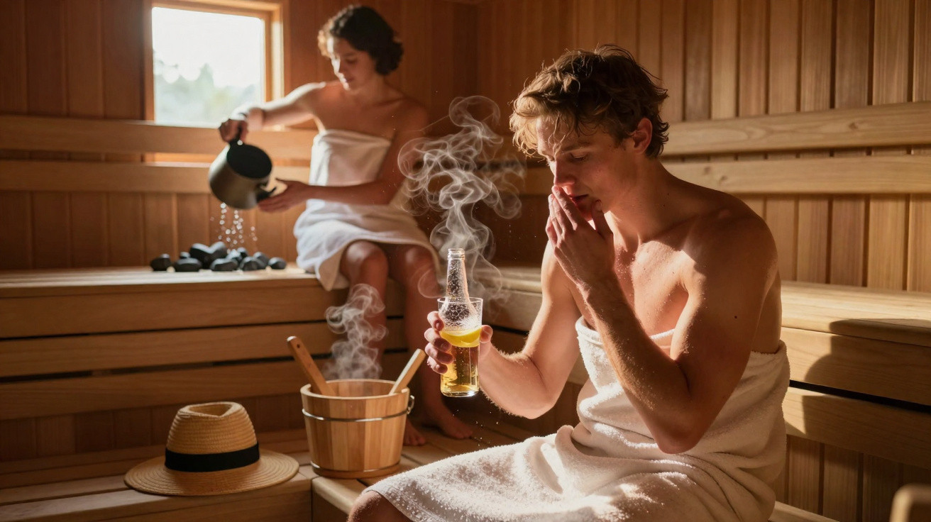 Homem e mulher em toalhas num sauna, homem segura cerveja e cobre o nariz enquanto mulher deita água quente nas pedras.