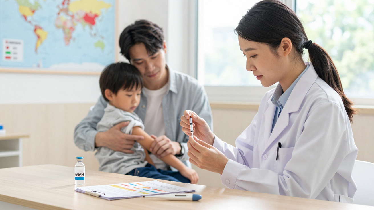 Médica prepara vacina para criança no consultório enquanto pai segura o filho no colo, com mapa-múndi ao fundo.