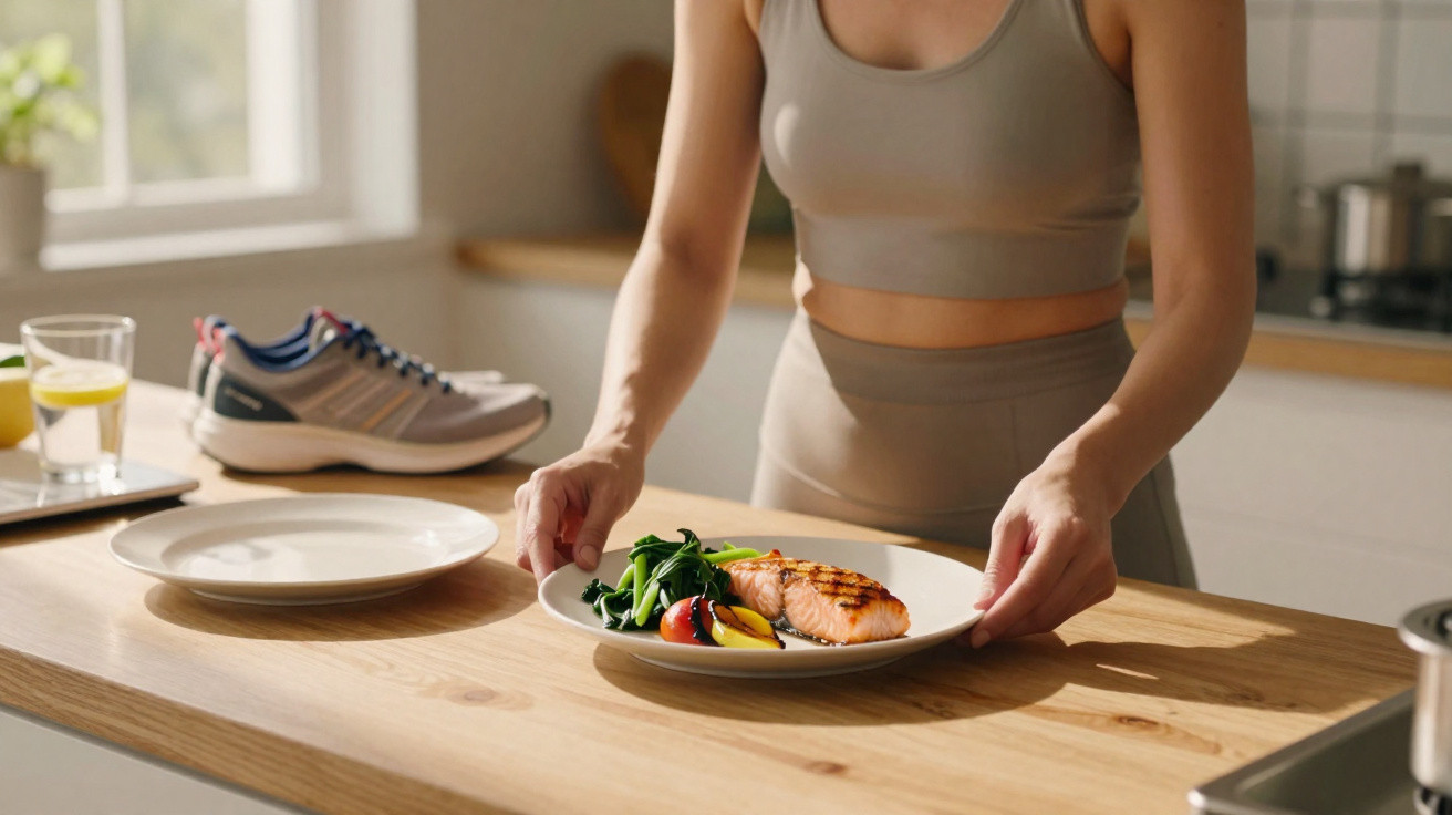 Mulher com roupa de treino a colocar prato com salmão grelhado e legumes numa bancada de cozinha.