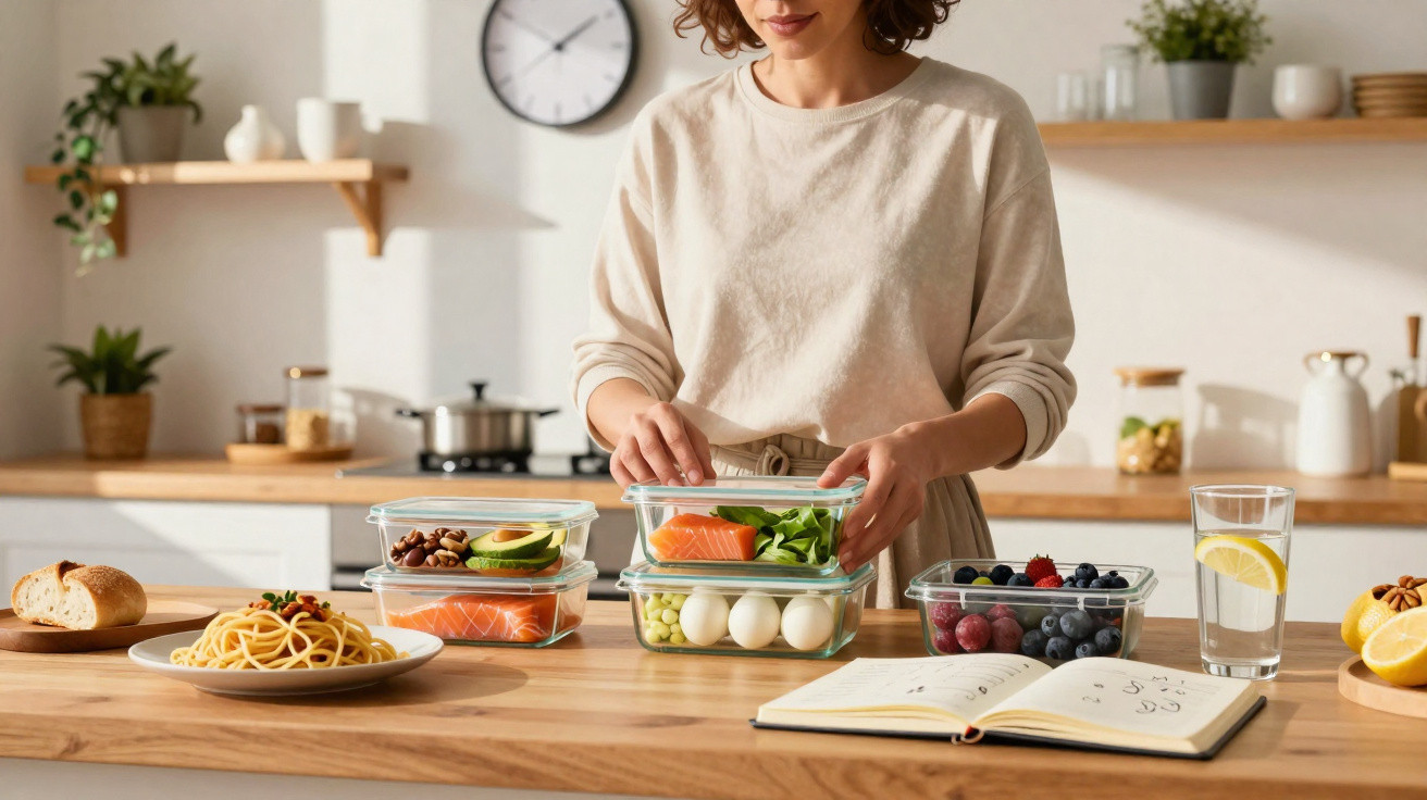 Pessoa a preparar refeições saudáveis em recipientes transparentes numa cozinha com livros de receitas e comida à mesa.