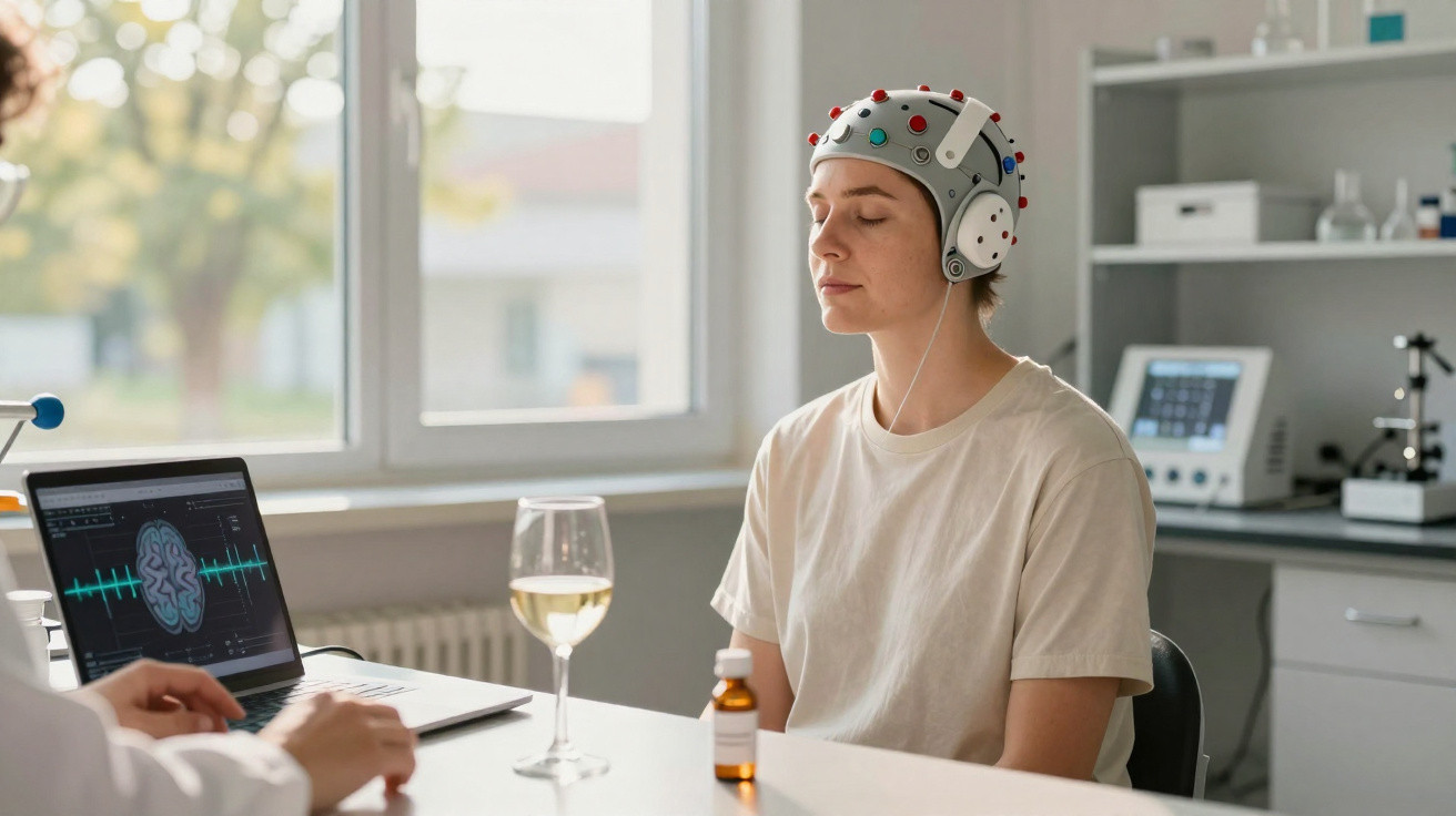 Mulher com capacete cerebral em clínica, simulando neurofeedback, com médico e monitor ao fundo.