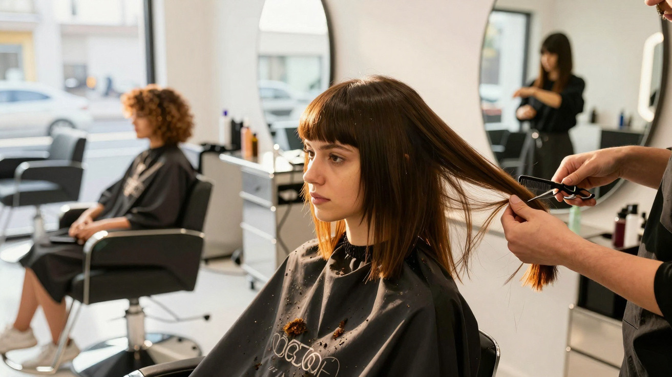Mulher sentada em cabeleireiro a cortar cabelo castanho liso, com outra cliente ao fundo.