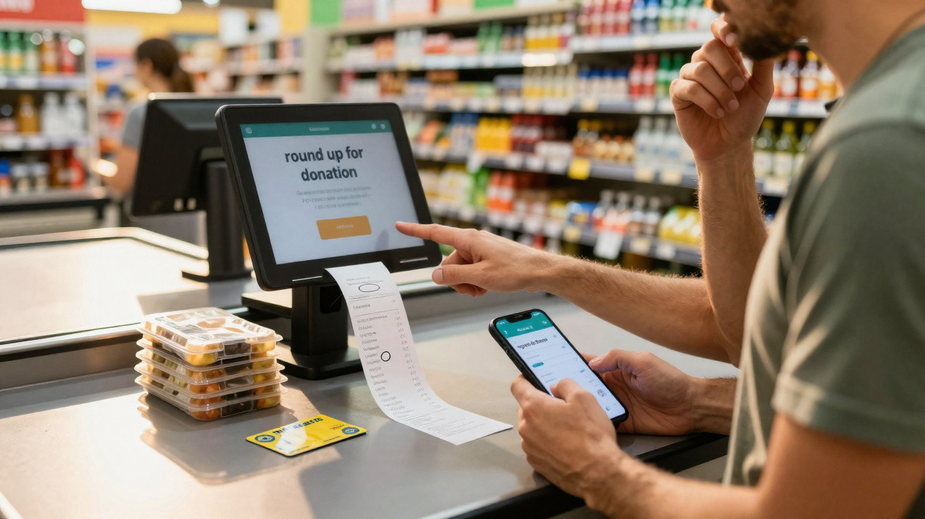 Homem numa caixa de supermercado a usar telemóvel e a verificar um ecrã digital para fazer doação.