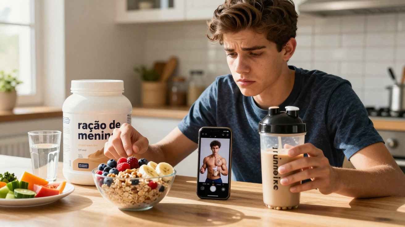 Jovem a tomar pequeno-almoço saudável enquanto vê uma foto do seu corpo ideal no telemóvel na cozinha.