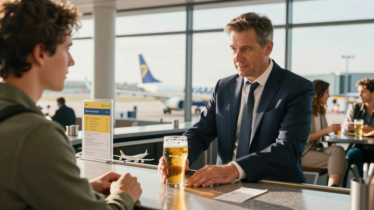 Homem de fato a servir uma cerveja no bar do aeroporto com avião e passageiros ao fundo.
