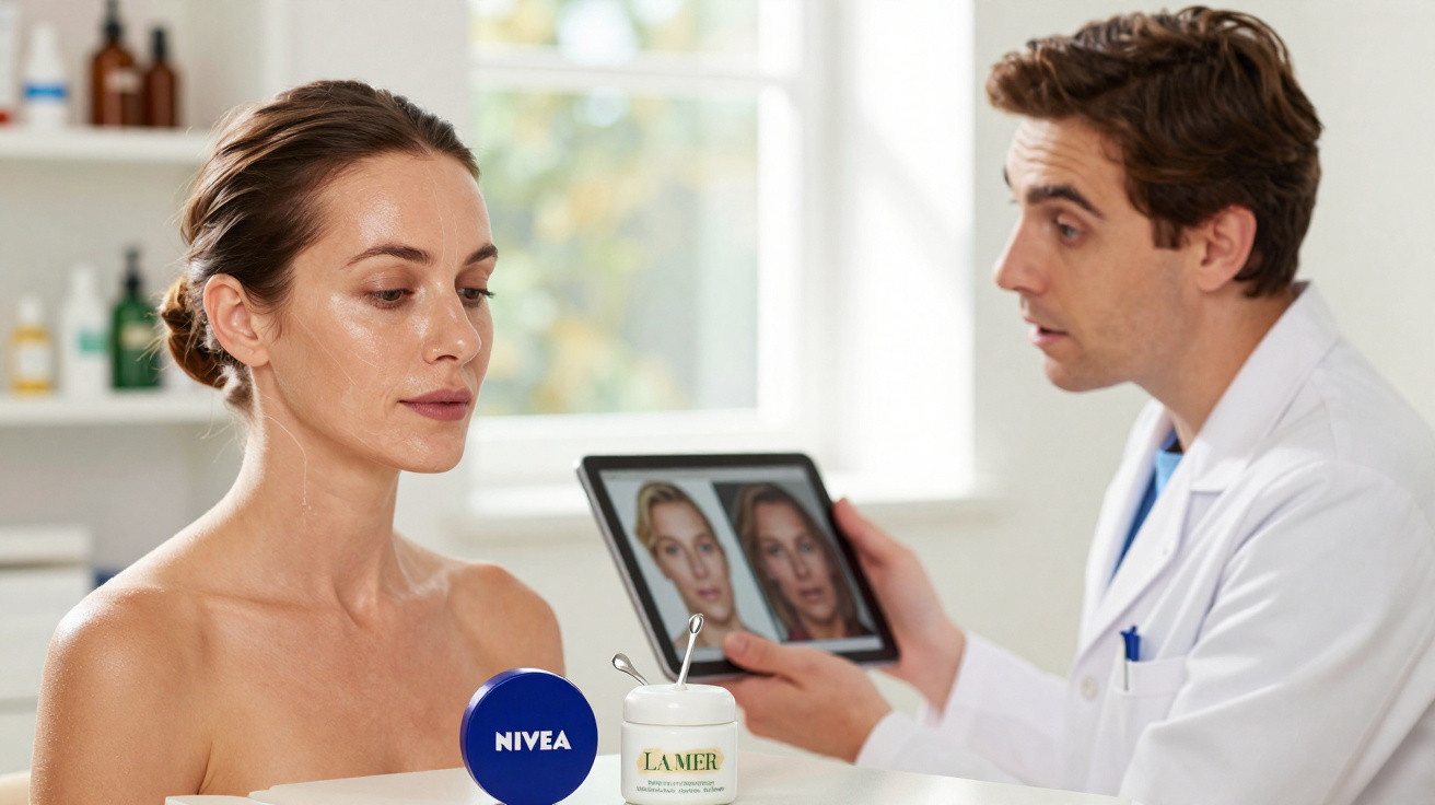 Mulher a consultar dermatologista que mostra comparação de rosto antes e depois numa tablet.
