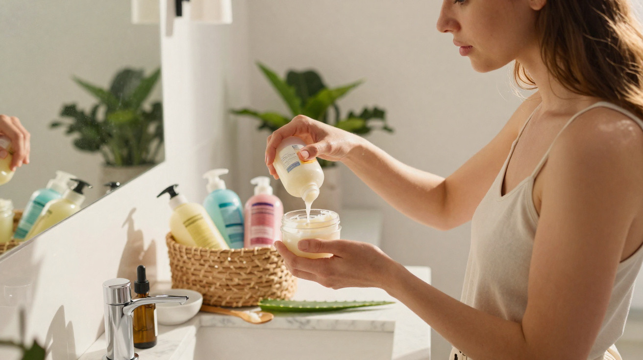 Mulher a verter creme corporal num frasco num salão de banho com plantas e produtos de beleza.