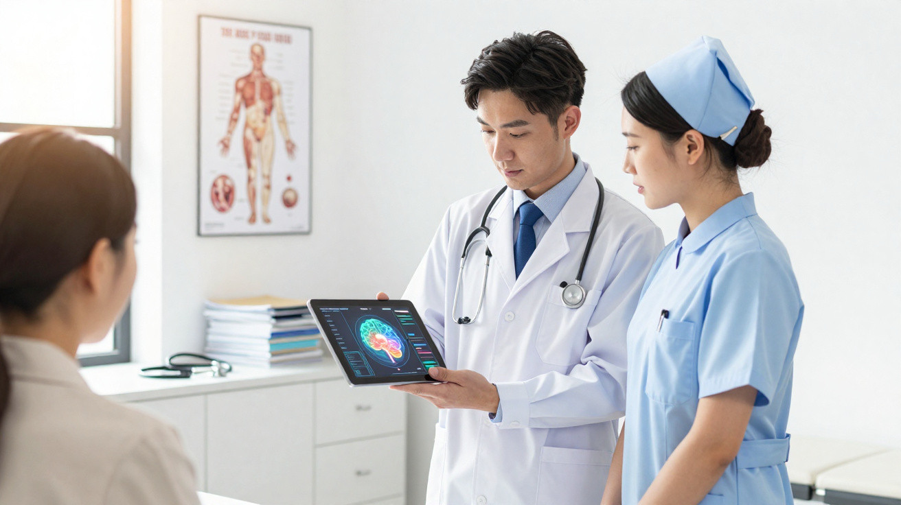 Médico e enfermeira a analisar imagem cerebral num tablet durante consulta com paciente.