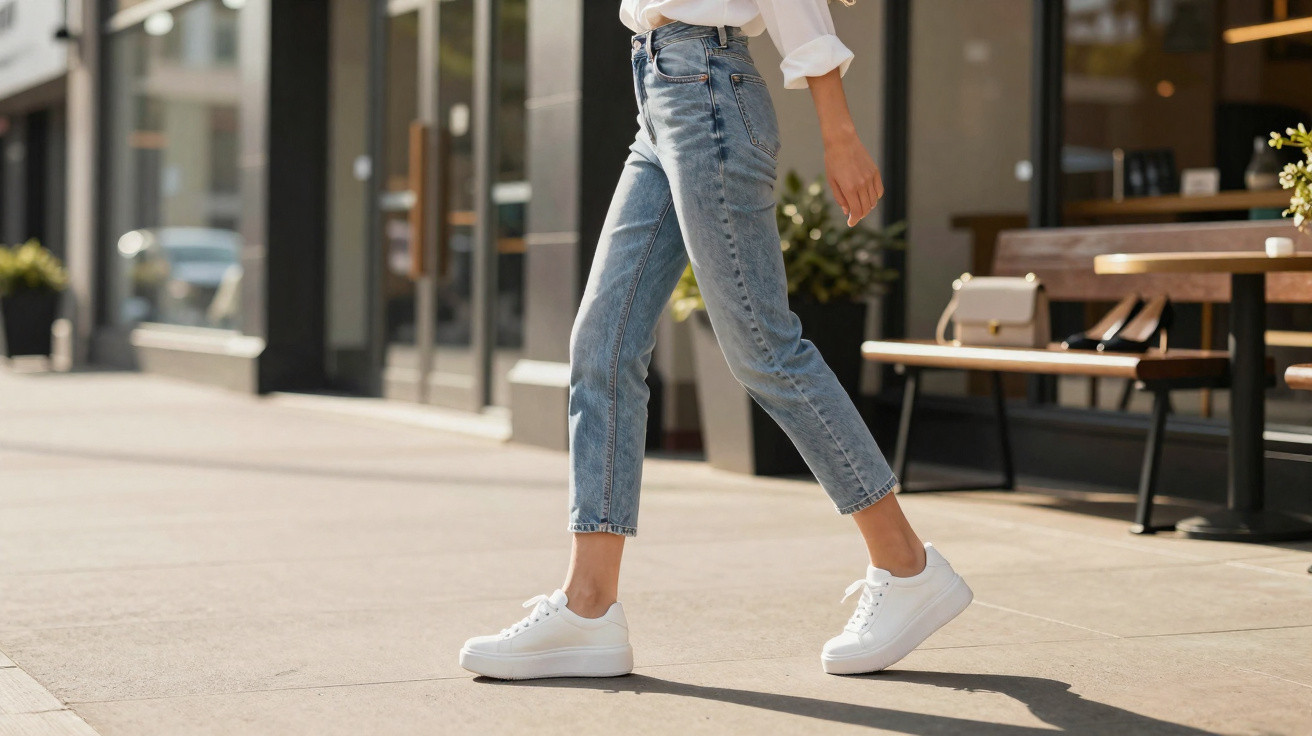 Pessoa a caminhar na rua com jeans azul claro e ténis brancos junto a uma esplanada de café.