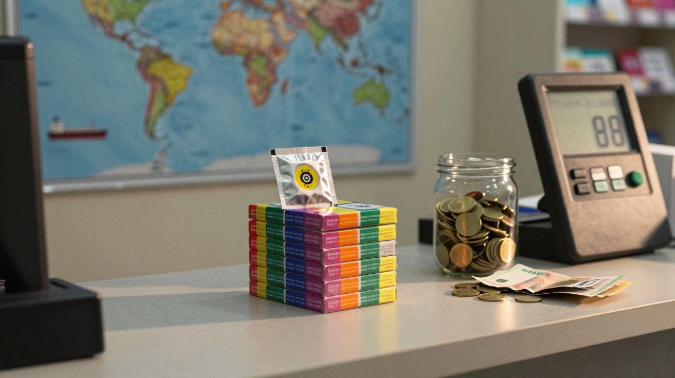 Caixa empilhada de preservativos coloridos, frasco com moedas e maço de notas numa mesa com mapa mundial ao fundo.
