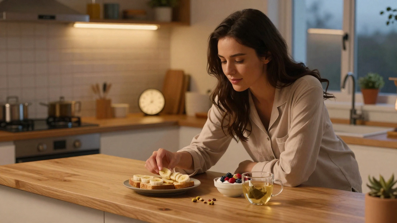 Mulher a preparar torradas com banana, com chá e taça de frutos vermelhos numa cozinha moderna.