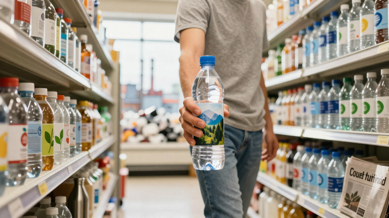 Pessoa a segurar uma garrafa de água num corredor de supermercado com prateleiras cheias de bebidas.